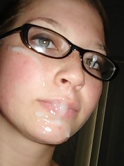 Dame takes hot cum all over her face.